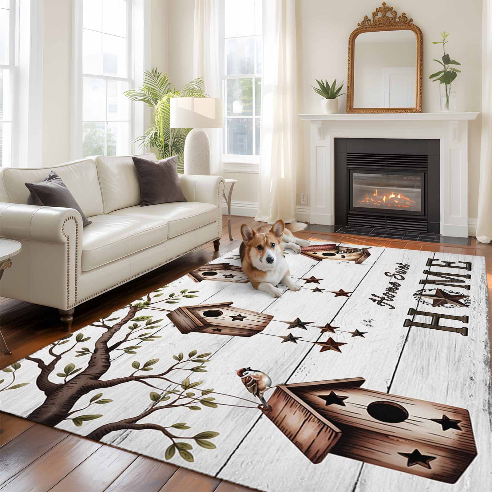 Bird Houses Large Area Rugs 5x8 ft Sparrows Home Sweet Branch Star ...