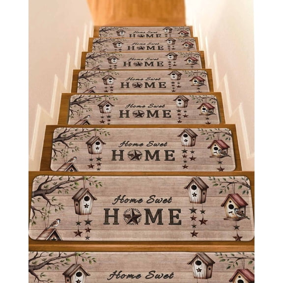 Bird Houses Non-Slip Stair Treads for Wooden Steps, 4 Pack 8x30 Inches Carpet Stair Mats with Adhesive Backing, Noise-Reducing Step Covers for Indoor Stairs, Easy to Install & Residue-Free