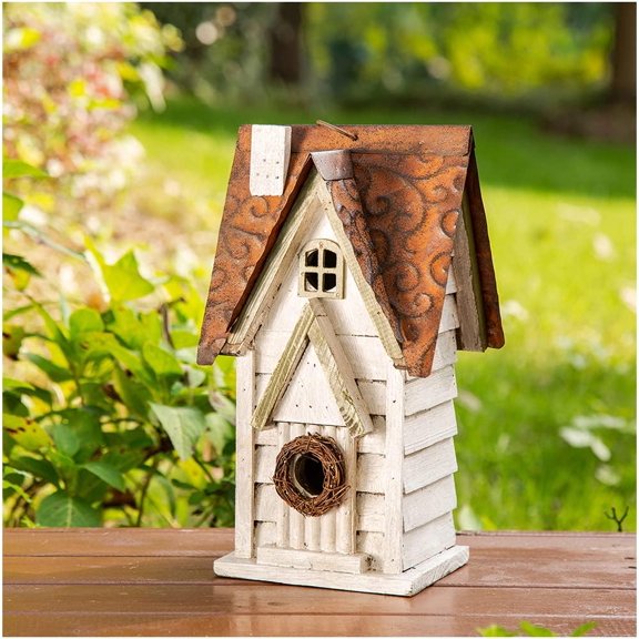 Bird Houses for Outside, 12" H Washed White Distressed Solid Wood Cottage Bird Nesting Box Hanging Bird House for Outdoors, Decorative Birdhouse for Bluebird Wren Sparrow Finch Cardinal