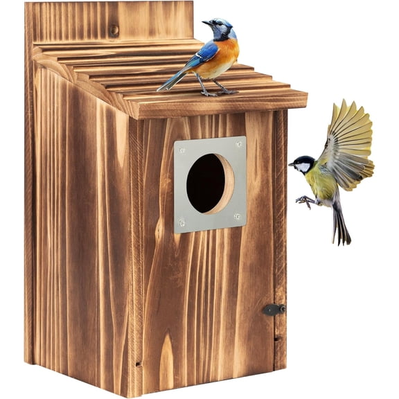Bird Houses for Outside with Metal Predator Guard for Bluebird Wren Swallow Finch, Carbonized Wooden Nesting Boxes for Outdoor, Sturdy Bird House,Easy to Clean
