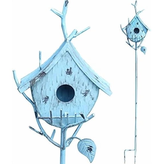 Bird Houses for Outside with Pole, Metal Birdhouse Stake for Outdoors Rustic Bird House On Pole Stand Farmhouse Birdhouse Decor Decorative Garden Yard Art 39" H Blue
