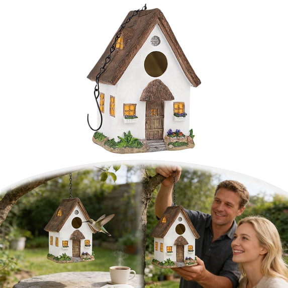 Bird Houses for Outside Rustic Cottage Birdhouse with Thatch Roof – Hand-Painted Resin Birdhouses for Outdoors for Bluebird Finches Cardinals Bird Nesting Garden, Patio, Yard,White