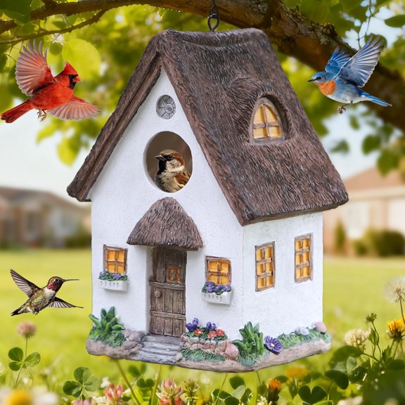 Bird Houses for Outside Rustic Cottage Birdhouse with Thatch Roof Hand-Painted Resin Birdhouses for Outdoors for Bluebird Finches Cardinals Bird Nesting Garden, Patio, Yard