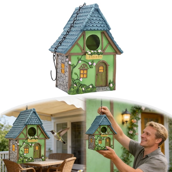 Bird Houses for Outside Rustic Cottage Birdhouse with Thatch Roof – Hand-Painted Resin Birdhouses for Outdoors for Bluebird Finches Cardinals Bird Nesting Garden, Patio, Yard,Green