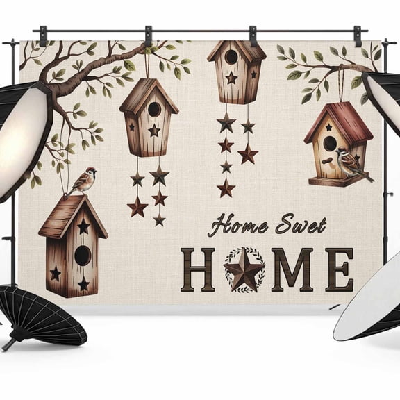Bird Houses Photography Backdrop 12x8FT, Sparrows Home Sweet Branch Star Linen Texture Photo Backdrops, Background for Photography Studio Photo Studio Background, Back Drop for Photoshoot