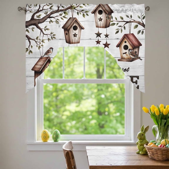 Bird Houses Swag Valances for Kitchen Window, Sparrows Home Sweet Branch Star White Wood Grain Small Swag Valances Rod Pocket Curtain Drapes Window Treatment for Bedroom Bathroom, 56x36 Inch