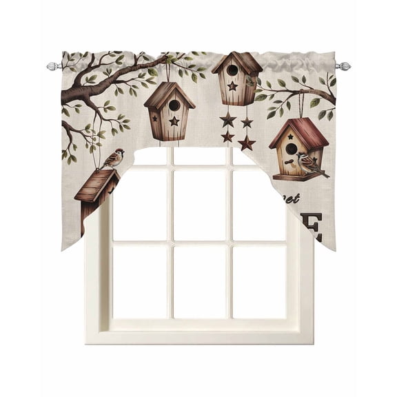 Bird Houses Swag Valances for Windows 56 x 36 Rod Pocket Light Filtering Window Topper Sparrows Home Sweet Branch Star Linen Texture for Kitchen Bathroom Bedroom Living Room
