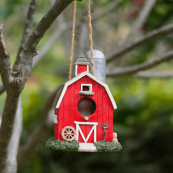 Zayton Handmade Resin Red Farm Barn Bird House for Hummingbirds Outdoor Garden Decor