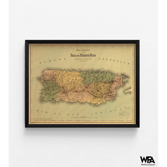 Puerto Rico 1886, Antique Map Of Puerto Rico, Rustic Hallway Map Poster Print, Framed Puerto Rico Artwork, Farmhouse Style Entryway
