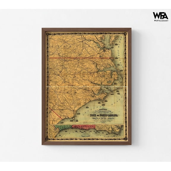 Eastern North Carolina 1861, Antique North Carolina Map, Rustic Farmhouse Art Print, Framed Restaurant Old Wall Art, Master Bedroom Idea