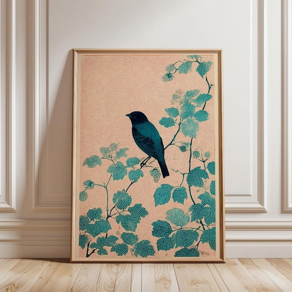 Bird Illustration Botanical Style Teal Leaves Peach Background Nature Art Unframed Paper Print