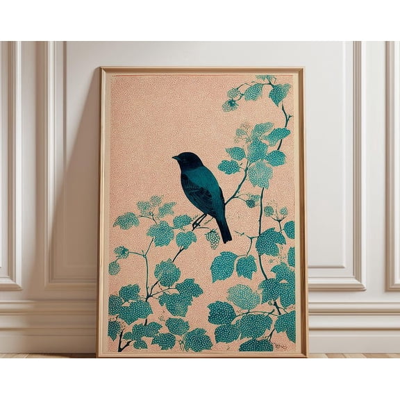 Bird Illustration Botanical Style Teal Leaves Peach Background Wall Art, Unframed Paper Poster 24x36in