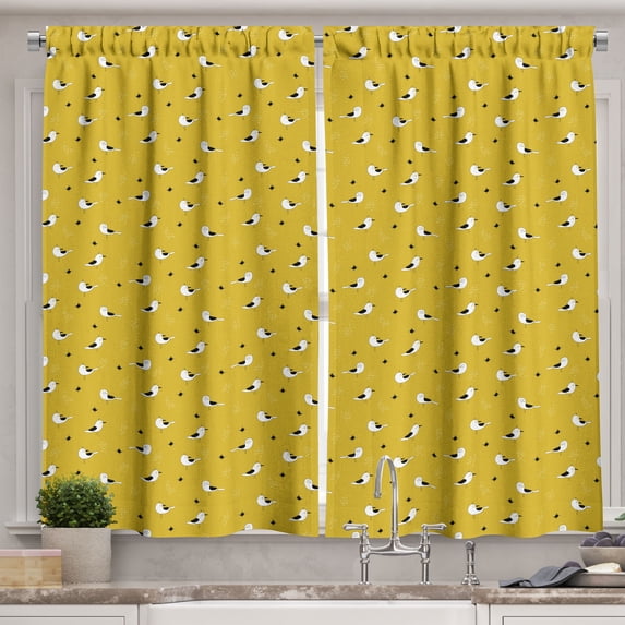 Bird Kitchen Curtains, Mother Birds Seagull Characters Playroom Cartoon, Two Panels Drapes with Rod Pocket Room Decor, 55" X 45", Yellow Grey, by Ambesonne
