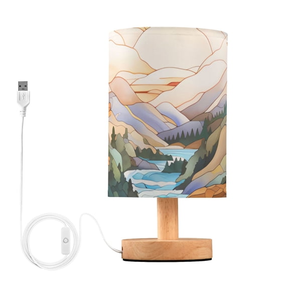 Bird Lake Trees Line Table Lamp USB Bedside Desk Nightstand Lamp Printed Gifts Small Lamp Wood Base for Bedroom Living Room Kids Room College Dorm