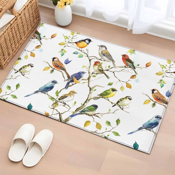 Bird Leaf Bathroom Mats 2x3 FT, Non Slip Small Kitchen Mat, Spring Summer Tree Branch Farmhouse Retro Washable Soft Backed Front Door Throw Rugs Non-Shedding Indoor Outdoor Doormat for Entryway Sink