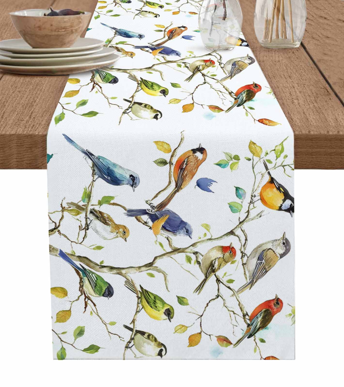 Bird Leaf Burlap Cotton Table Runner 13x108 Inches Long, Spring Summer Tree Branch Farmhouse Retro Farmhouse Table Runners, Outdoor Dining Tablecloths Decor for Baby Shower/Party/Wedding