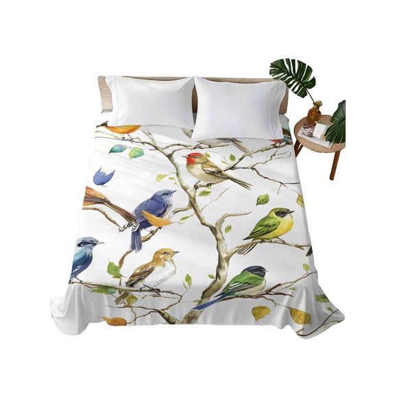 Bird Leaf Flat Sheet Only Twin Size, Soft Breathable Bed Top Sheets for Mattress, Spring Summer Tree Branch Farmhouse Retro Luxury Bedding Flat Sheets for Home Hotel Bedroom Bed Protection