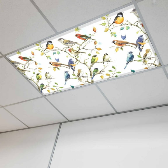 Bird Leaf Fluorescent Light Covers, Spring Summer Tree Branch Farmhouse Retro Magnetic Light Covers for Ceiling Lights, Fluorescent Ceiling Shade Filters for Classroom Bedroom Office 4x2Ft x 1PCS