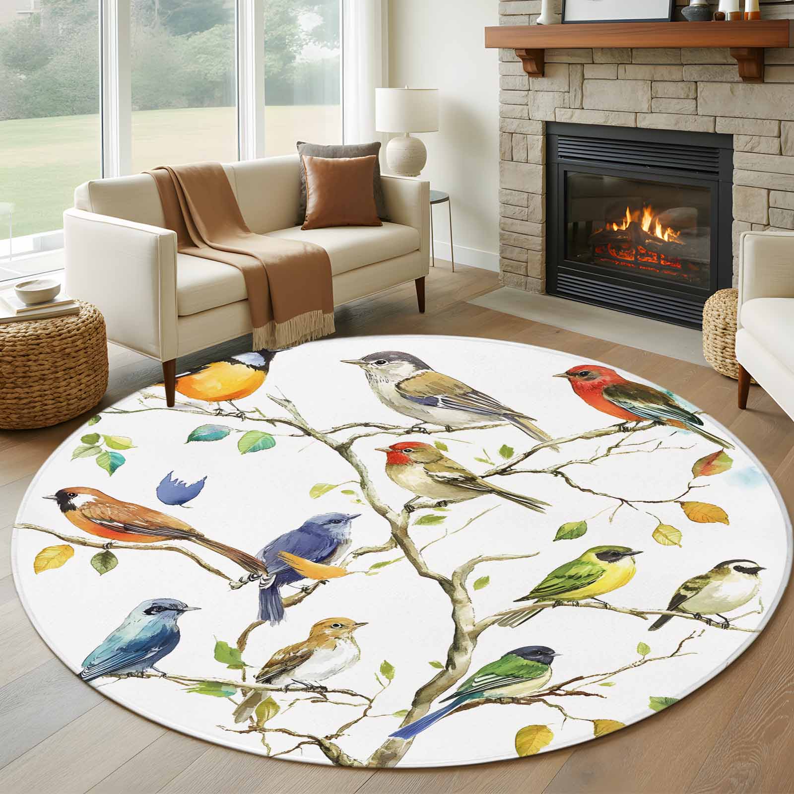 Bird Leaf Round Area Rug 6 FT, Non Slip Bedroom Rugs, Spring Summer ...