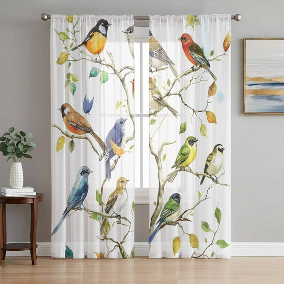 Bird Leaf Semi Sheer Window Curtains 84 Inches Long, Spring Summer Tree Branch Farmhouse Retro Rod Pocket Voile Chiffon Curtain Light Filtering Drapes for Living Room, Kitchen, 52"x84", 2 Panels