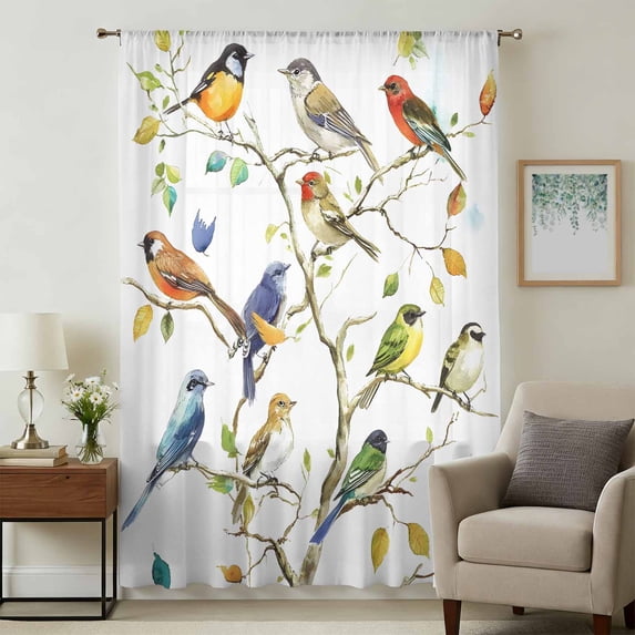 Bird Leaf Sheer Curtains 72 Inches Long, Spring Summer Tree Branch Farmhouse Retro Light Filering Curtains, Breathable Simi Curtain Privacy Drapes for Living Room Bedroom Lightweight Window Treatment