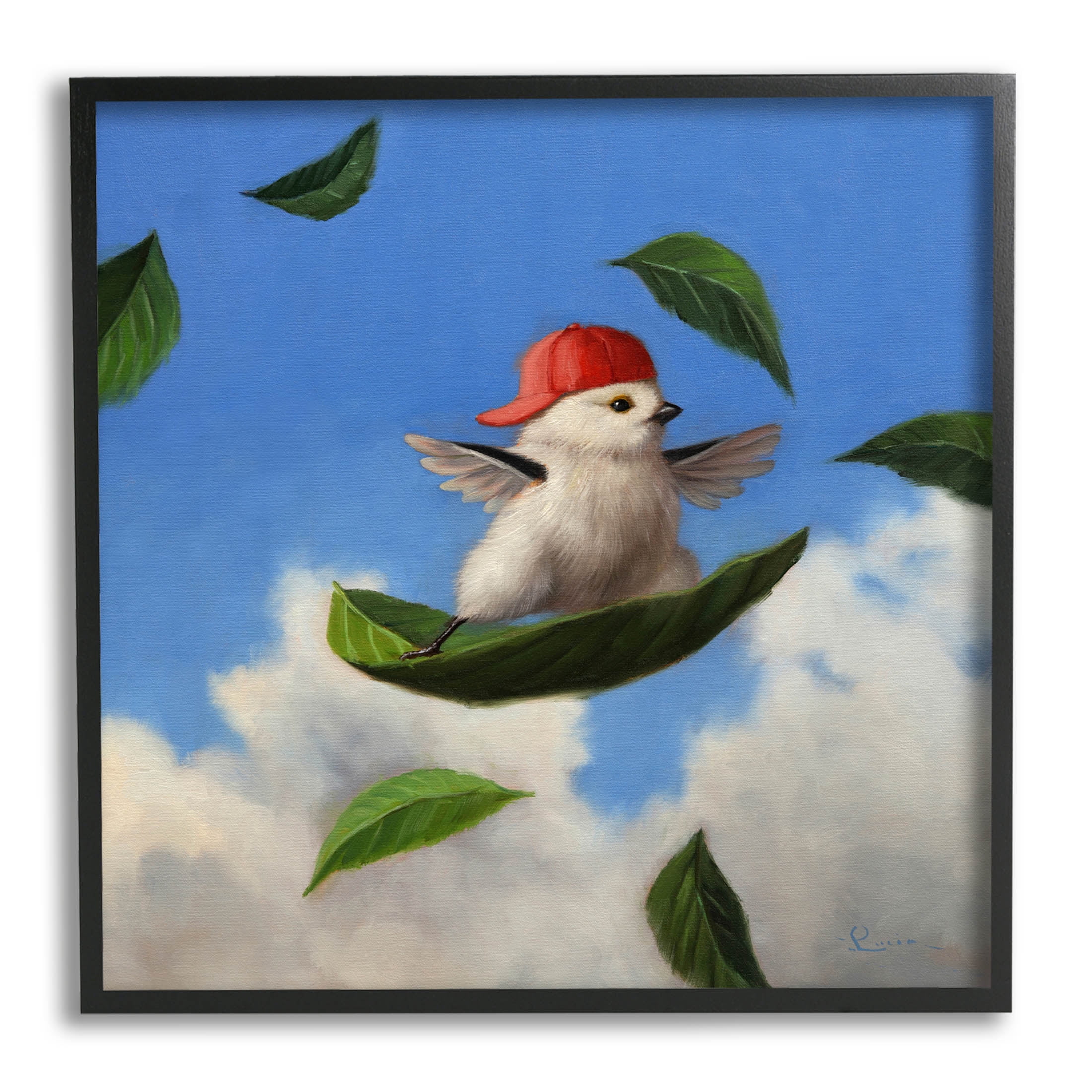 Bird Leaf Surfing Windy Sky Animals & Insects Painting Black Framed Art Print Wall Art