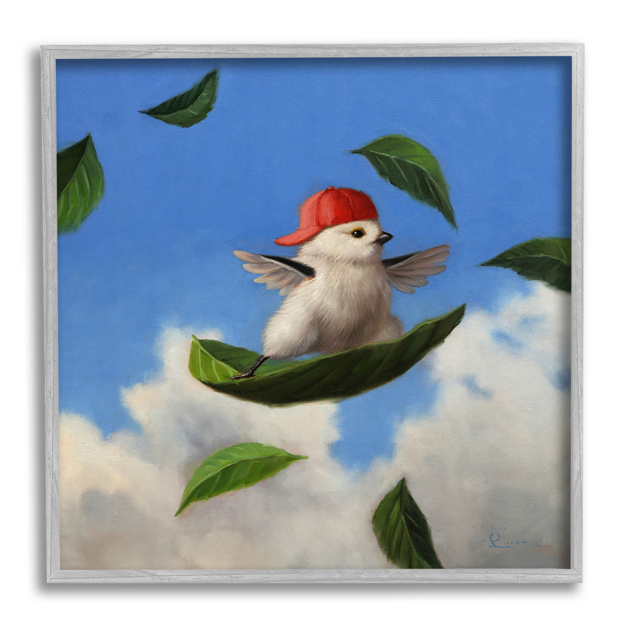 Bird Leaf Surfing Windy Sky Animals & Insects Painting Gray Framed Art Print Wall Art