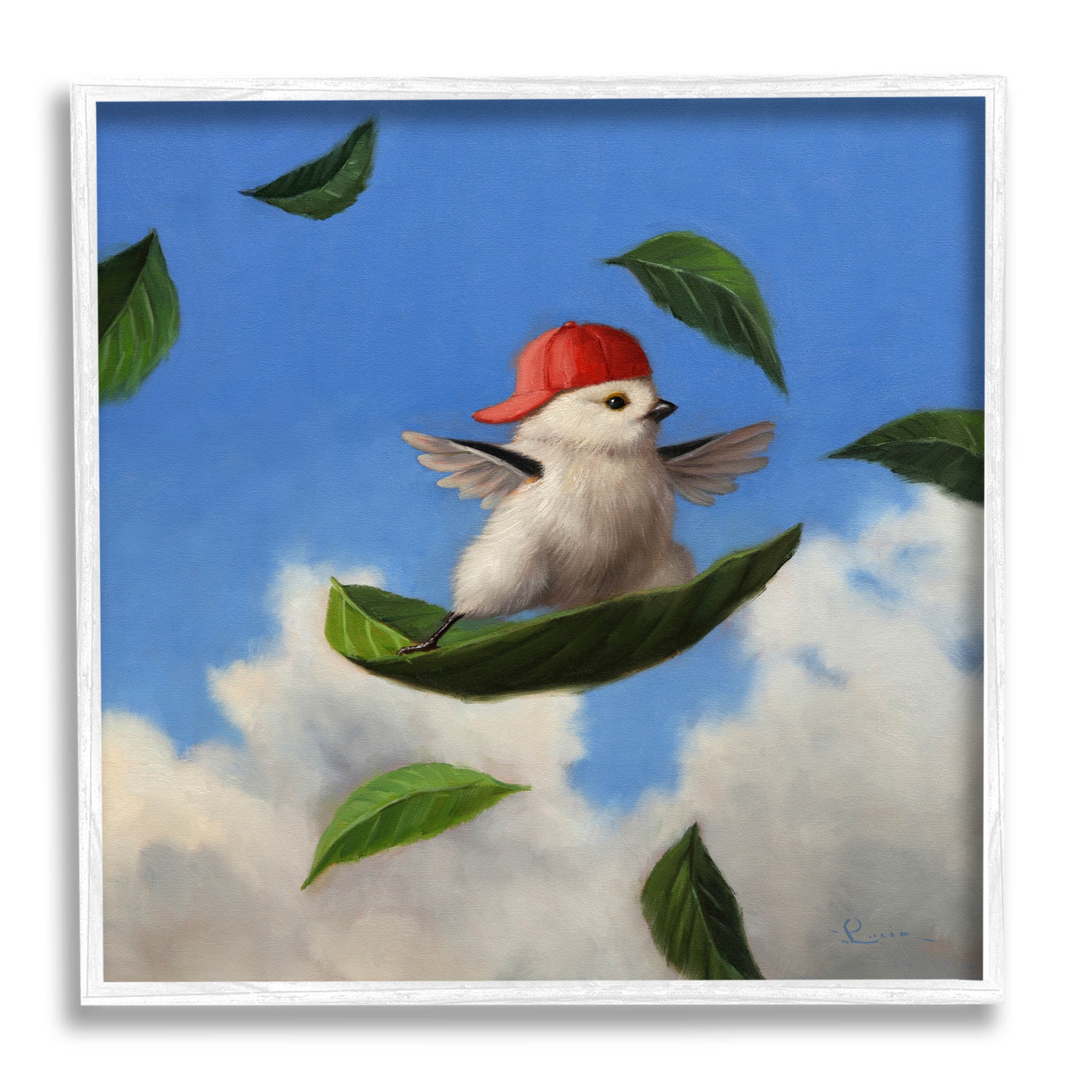White Framed Bird Surfing on Leaves Canvas Print