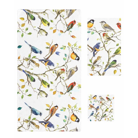 Bird Leaf Towel Set of 3, Soft Microfiber Bath Towels, Hand Towel, Washcloths, Spring Summer Tree Branch Farmhouse Retro Quick-Dry Absorbent Towels for Bathroom Kitchen Hotel Beach Gym Spa