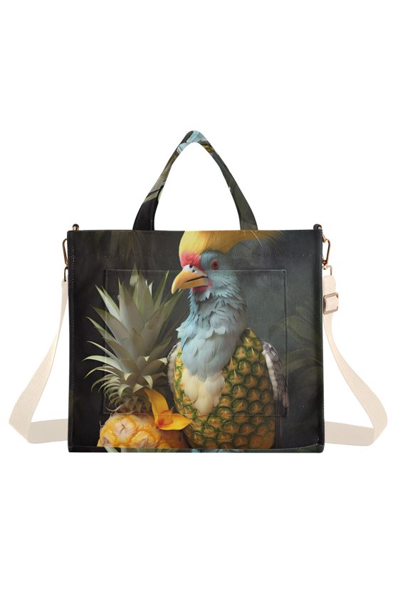 Bird Leaves Pineapple Flower Corduroy Tote Bag Handbag Large Messenger Bag Shoulder Crossbody Zipper Bag Purse