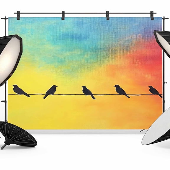Bird Line Abstract Backdrop for Photoshoot,Photography Photo Studio Background Wall Backdrop,Orange Blue Ombre Silhouette Back Drop Banner Panel for Portraits Wedding Party Live Streaming Decor 7x5Ft