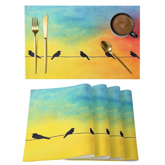 Bird Line Abstract Placemats Set of 8, Cotton Linen Fabric Place Mats, Orange Blue Ombre Silhouette Washable Decorative Table Mats Protector for Home Kitchen Dining Wedding Party Coffee Tables