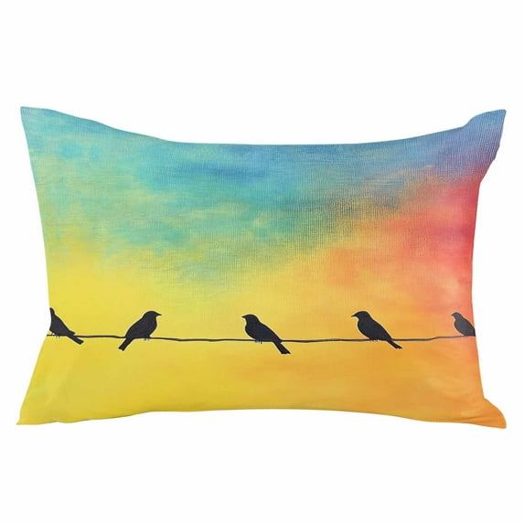 Bird Line Abstract Throw Pillow Cover 12 x 20 Inch Decorative Pillow Cover Orange Blue Ombre Silhouette Lumbar Pillowcase Seasonal Rectangle Cushion Case for Couch Sofa Bed Living Room