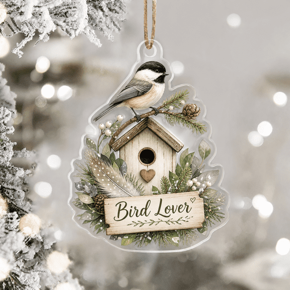 Bird Lover Acrylic Ornament with Chickadee Birdhouse Design for Christmas Tree Gift