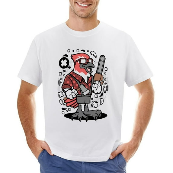 Bird Lumberjack Vintage T-shirt Mens Cotton Classic Crewneck Short Sleeve Tees Unisex White 5XL