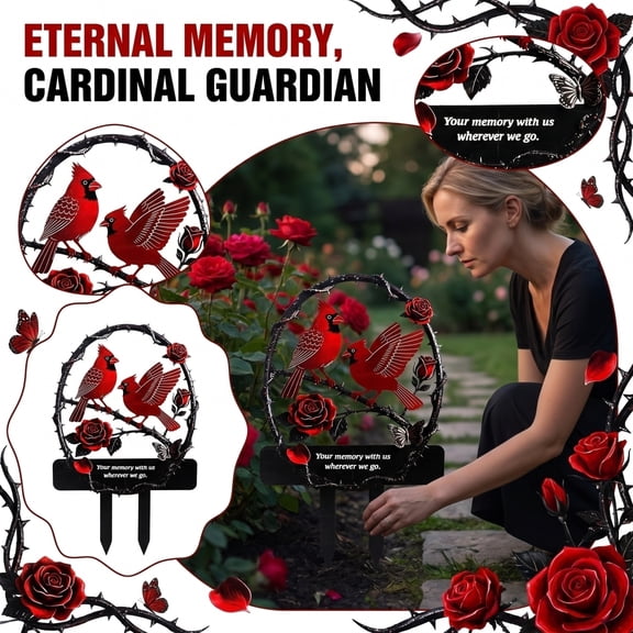 Bird Memorial Garden Stake Red Rose Metal Remembrance Sympathy Cemetery Decor Outdoor Ground Insert for Loved One Yard Tribute(Multicolor)