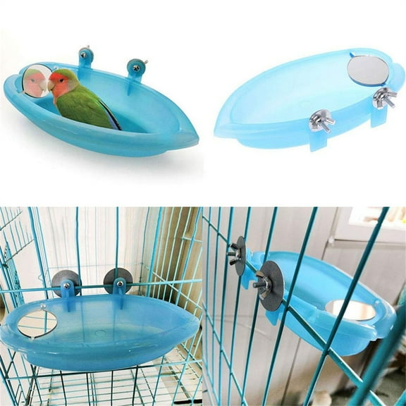 Bird Mirror for Cage, Bird Bath for Cage, Small Bird Bath, 8X3 in Blue Plastic, Mirror Hanging Hardware, Bird toys for Parrots, Bird Cage Accessories, 1 Pc