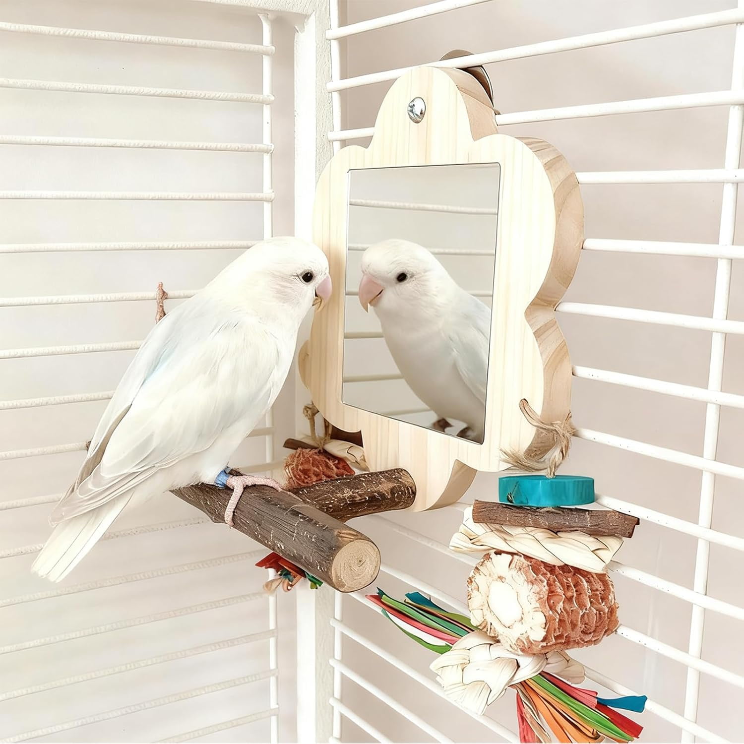 Bird Mirror with Perch, Cage Mirror, Parakeet Toys with Chew Toy, Bird Cage Accessories for Parrot Conure Lovebirds Finch Canaries