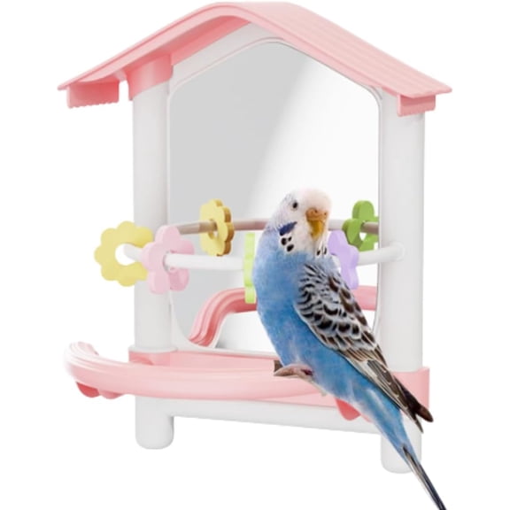 Bird Mirror with Perches House Shape Interactive Play Toys for Small Parrot Budgies Parakeet Cockatiel Conure Lovebird Cage Accessories