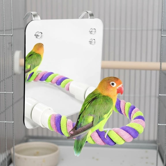 Bird Mirror with Rope Perch Swing for Greys Amazons Parakeet Cockatiel Conure Lovebirds Finch Canaries
