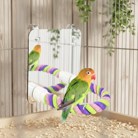 Bird Mirror with Rope Perch Swing for Greys Amazons Parakeet Cockatiel Conure Lovebirds Finch Canaries