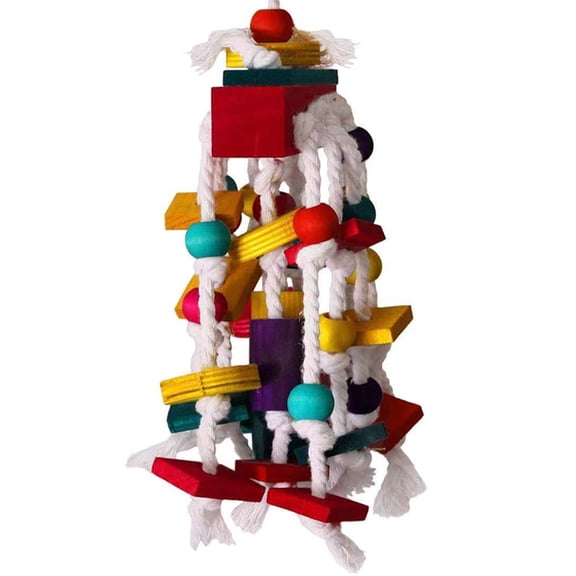 Bird Natural Wooden Chew Toys, Multi-Color Wooden Block with Bamboo Support Bird Chewing Toy Parrot Cage Bite Toy for Macaws Cokatoos African Grey and Large Medium Parrot Birds