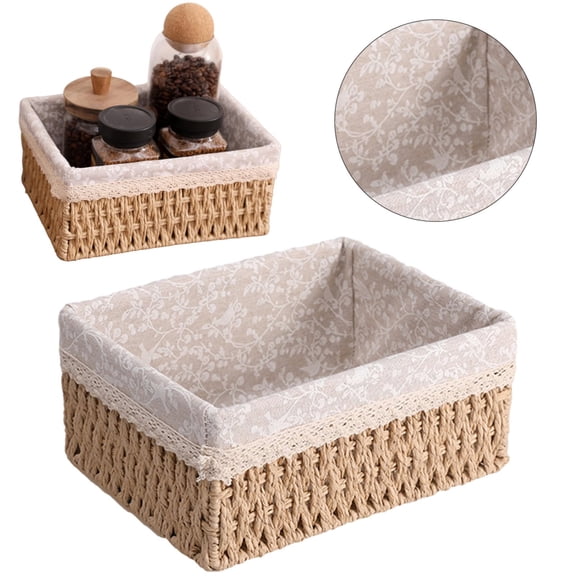 Bird Nest for Cage, Wicker Baskets with Liner for Counter, Natural Paper Rope Rattan Storage Basket,Hand Woven Pantry Table Organizer Bins for Bedroom Living Room School Shelves Office Desk (S)