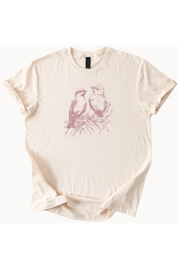 Bird Nest Graphic Tee Two Baby Birds Hand Drawn Nature T Shirt Size S-5Xl Heygategoo Tee