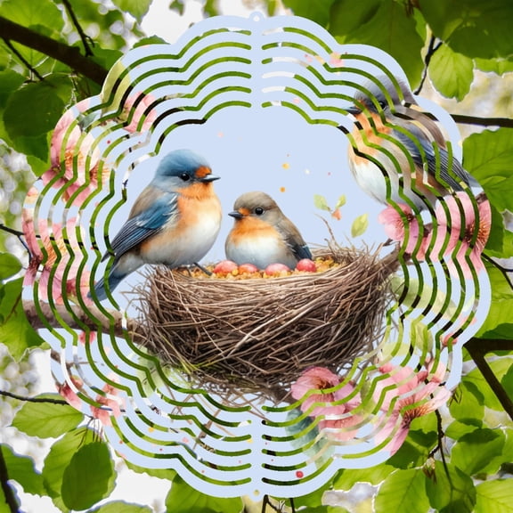 Bird Nest Metal Wind Spinner Spring Blossom Garden Decor, NatureInspired Art