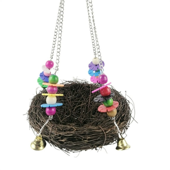 Bird Nest, Natural Rattan Colorful Beads Bell Hanging Nest Roosting Bird House Cages Garden Window Outdoor Decoration for Parakeets Conures Macaws Parrots Love Birds Finches