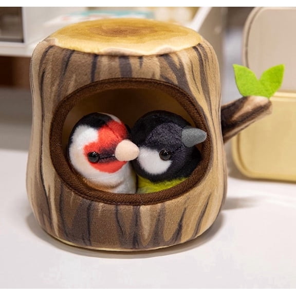 Bird Nest Plush Tree Stump Stuffed Animal with 2 Removable Birds Interactive Soft Home Decor Gift Plush(Brown-12x12x14cm)