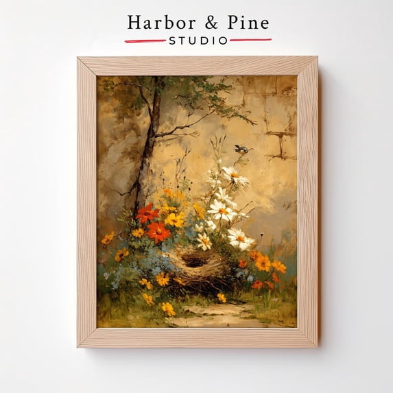 Bird Nest among Wildflowers Vintage Floral Art, Unframed Canvas 8x10in