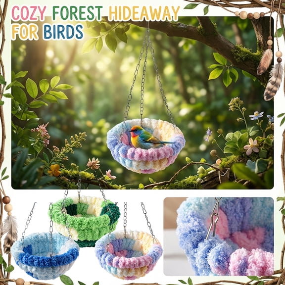 Bird Nest for Cage Hanging Plush Bird Bed Soft Velvet Bird Hammock for Parakeets Cockatiels Finches 2.7 Inch Forest Style Birdhouse Hideaway-3PCS