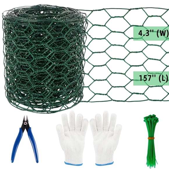 KORALAKIRI Floral Chicken Wire for Crafts, 4.3 x 157 Inch Green Mesh, PVC Coated Metal Netting Fence for Crafts, Poultry, Garden